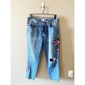 LOGG Embroidered Distressed High Rise Straight Leg Jeans